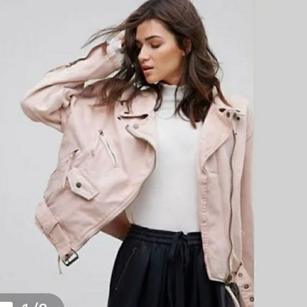 Free People pink belted motto jean denim jacket XS